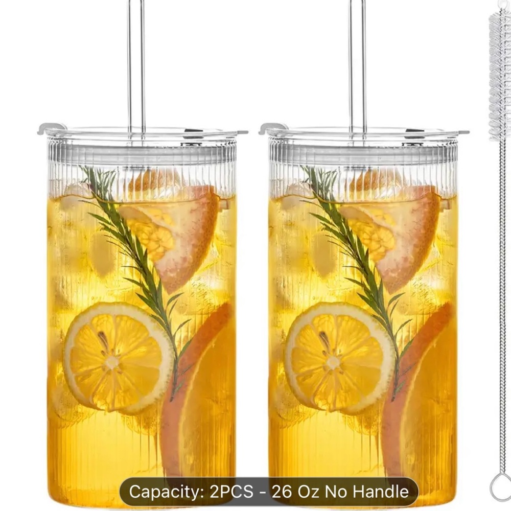 New Set of 2 Large 26 oz Ribbed Tumblers with Lids & Straws